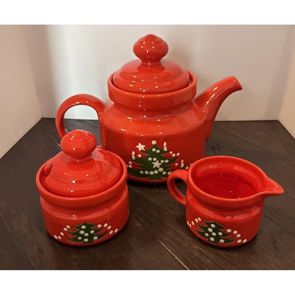 Waechtersbach Christmas Tree 5 Cup Red Ceramic Teapot Sugar Creamer Set Germany